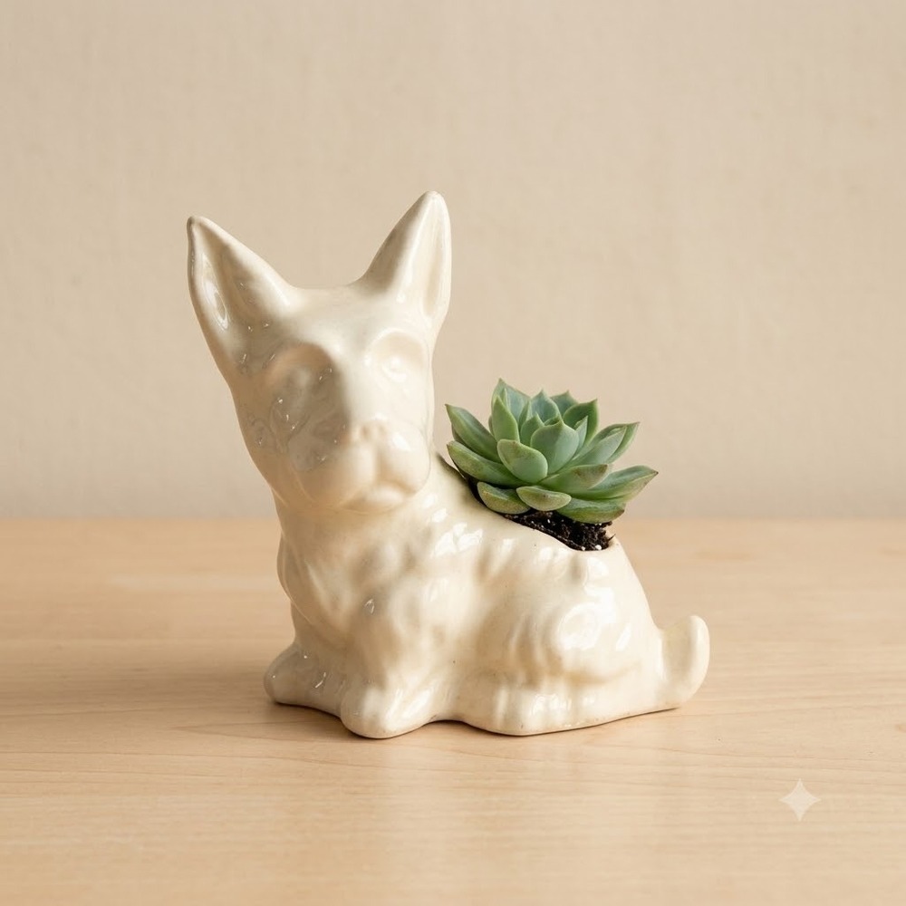 Vintage Ceramic Scottie Dog Planter Cream White Scottish Terrier Succulent Pot